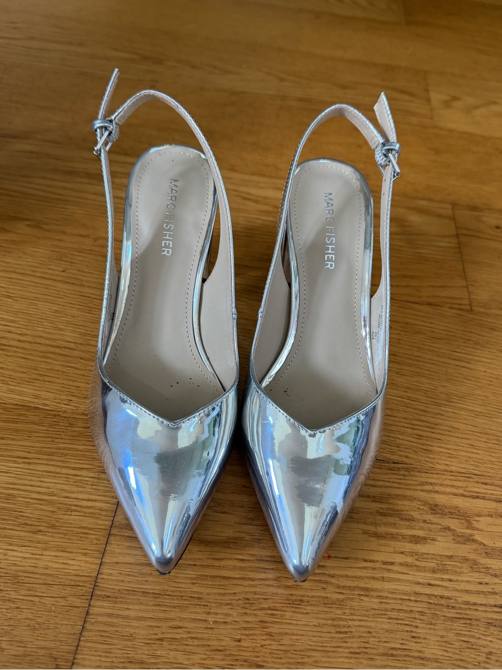 Marc Fisher Metallic Silver Pointed-Toe Slingback Heels
